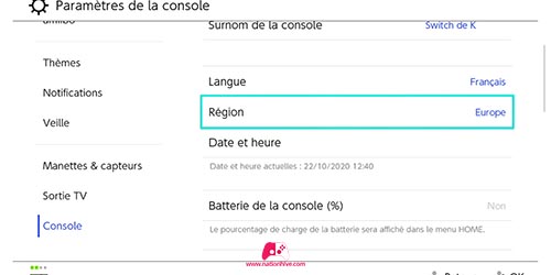 Menu du changement de région