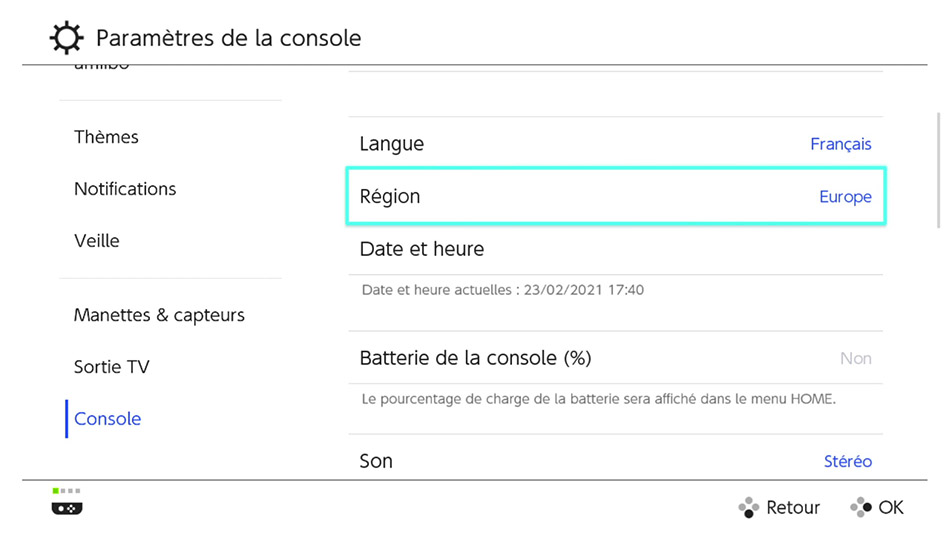 Menu console de la Nintendo Switch