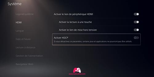 Option HDCP sur la PS5