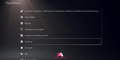 Menu paramètre de la PS5