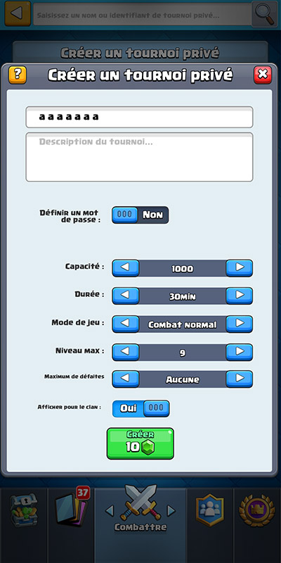 Création d'un tournois dans Clah Royale